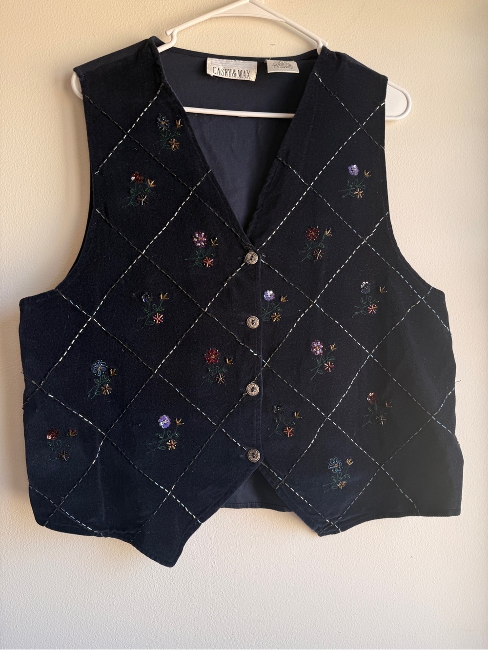 Casey & Max Beaded Sequin Vest Navy Blue Embroidered 100% Cotton Size L